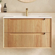 Byron Fluted 900mm Woodland Oak Wall Hung Single Vanity with Ceramic Countertop